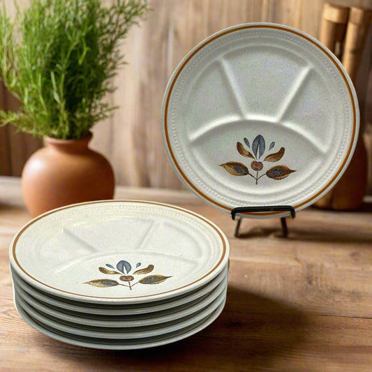 Set of 6 French retro style divided fondue plates each with a floral decoration. Made by St Armand and displayed on a wooden table in a kitchen background