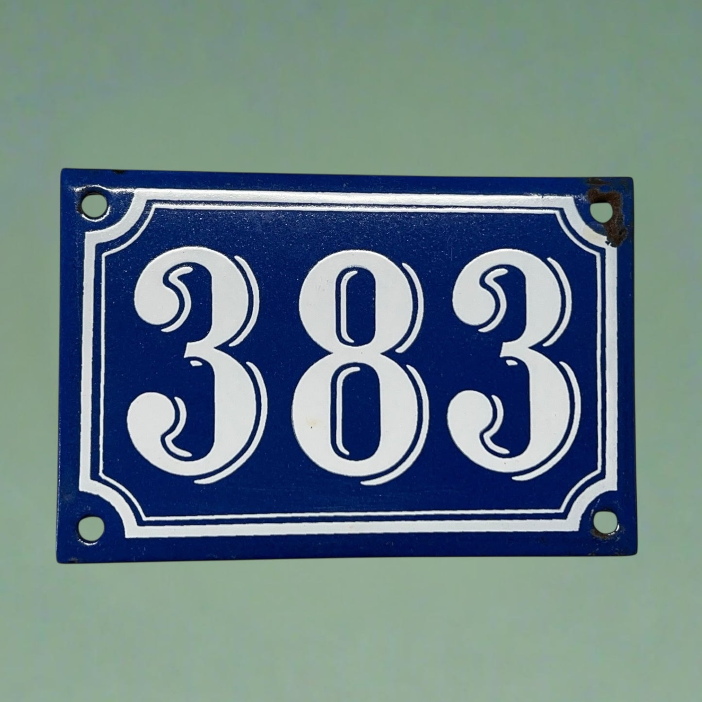 French Vintage Antique Enamel Door Number 383, White and Blue House Number 383 for sale from All Things French Store