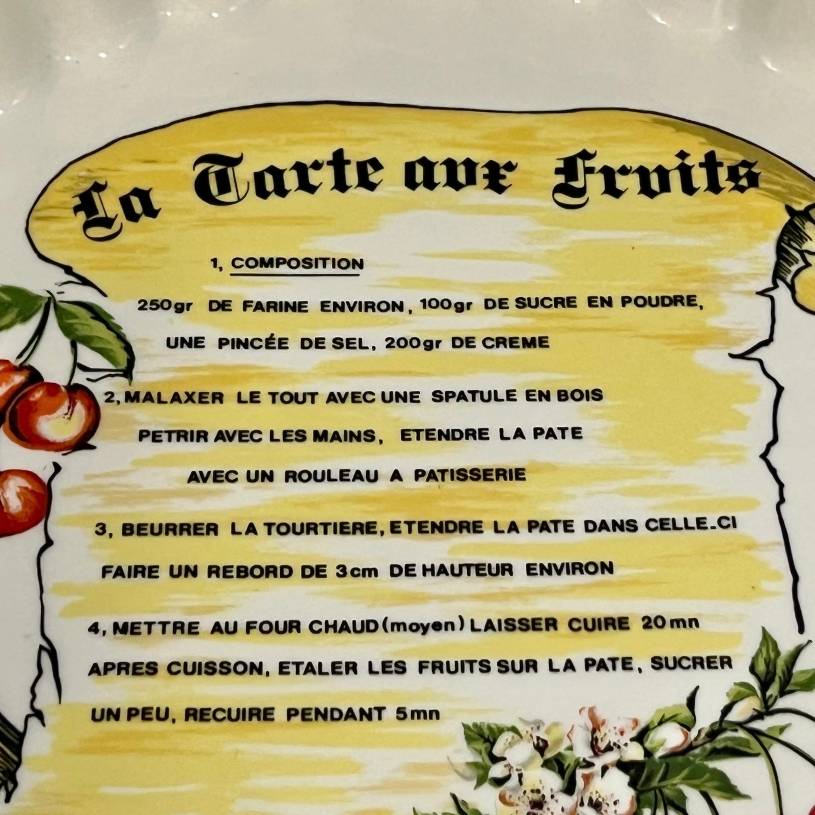 Recipe dish for 'La Tarte aux Fruits' with ingredients and steps on a decorative background.