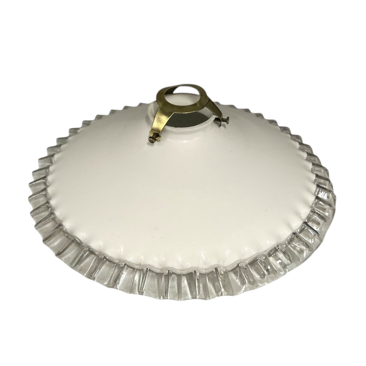 French vintage white glass lampshade with a clear trim and a vintage brass gallery