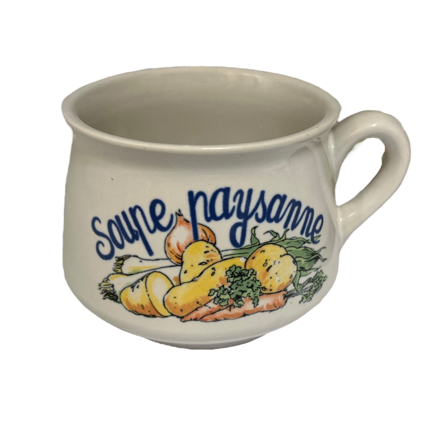 White mug with 'Soupe paysanne' text and vegetable illustration on a white background