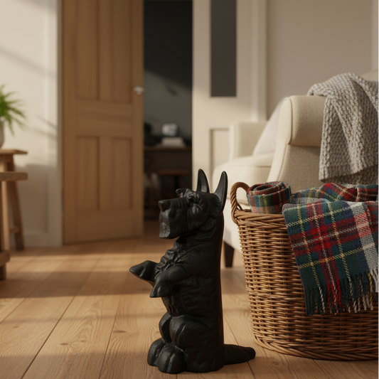Black cast iron doorstop in a cosy living room beside a basket of tartan blankets
