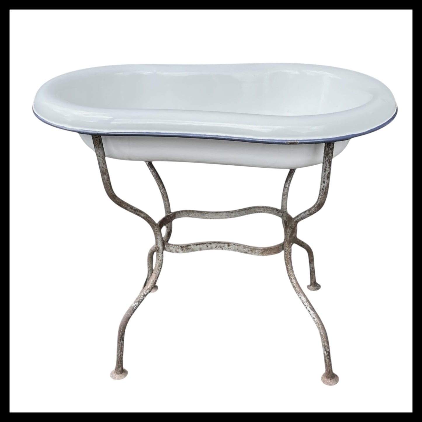 French Vintage Enamel Bathroom Storage, Planter, Ice Bucket, Dolls Bath on a solid metal stand for sale from All Things French Store