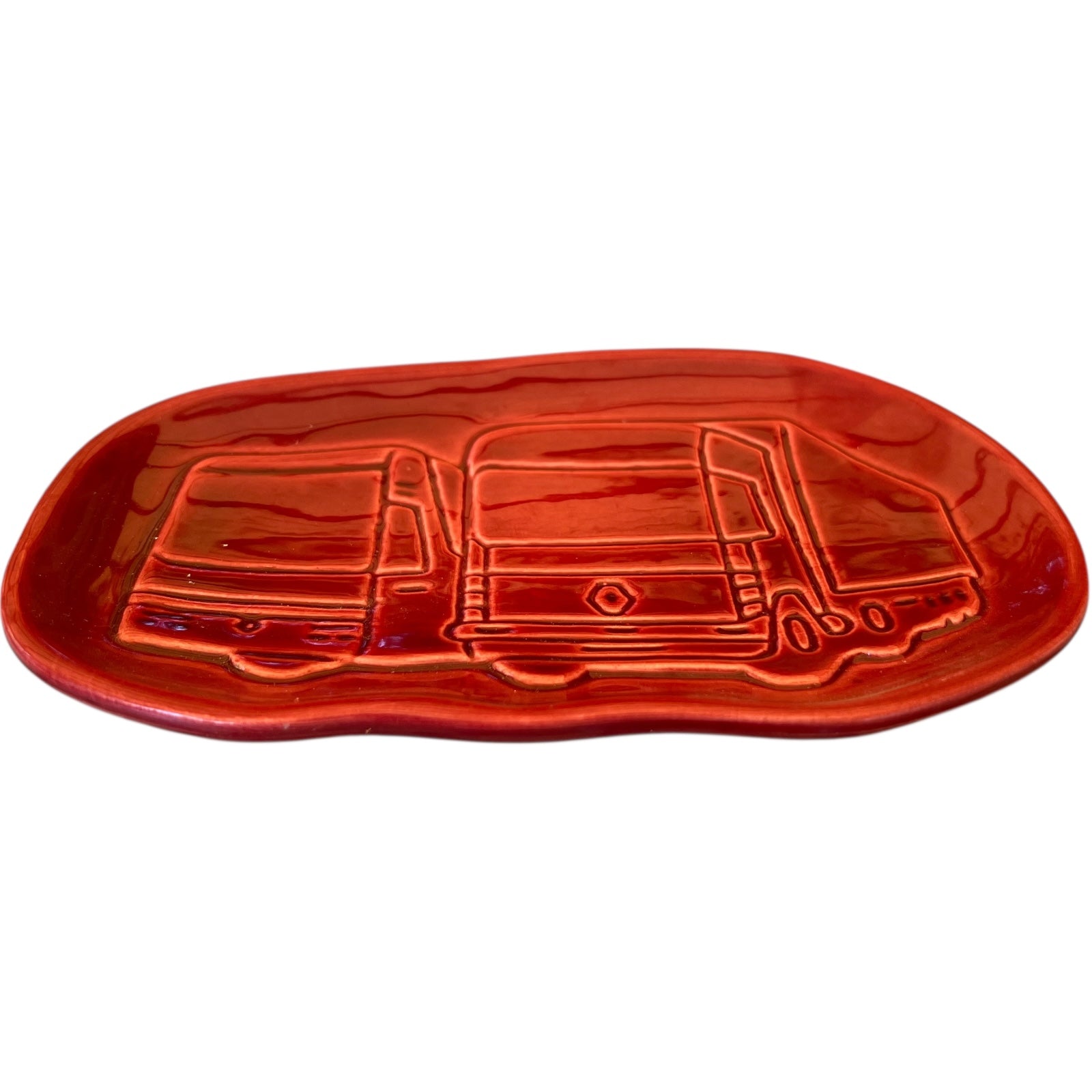 Renault Truck Collectible Trinket Tray, dark red oval shaped with a truck design on the front for sale from All Things French Store