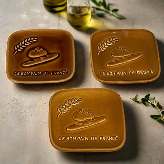 3 Small brown ceramic Change Trays from a French Bakery with Le Bon de France and a picture of French bread for sale from All Things French Store