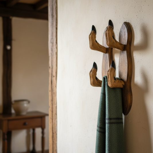 Wooden wall hook with a green towel hanging on it against a neutral wall.