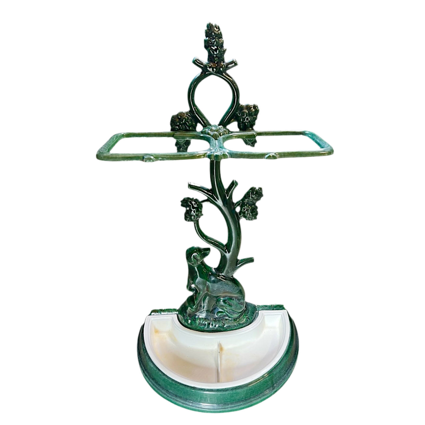 French enamel cast iron vintage umbrella stand with a white tray on a white background for sale by All Things French Store