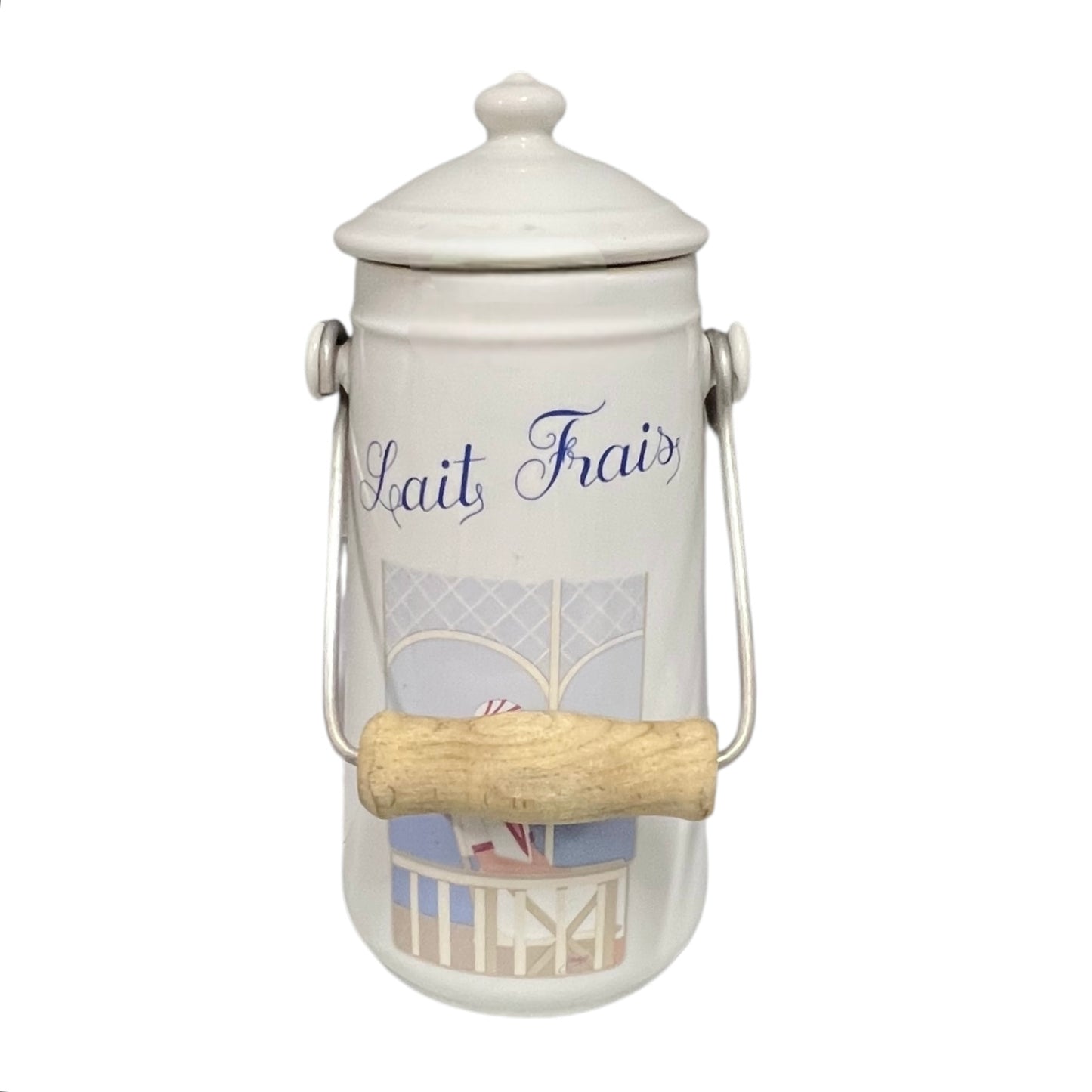 White ceramic churn with a lid and wooden handle on a white background