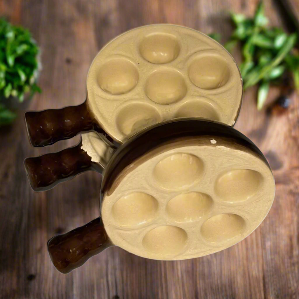 3 French Rustic Emile Henry Escargot Dishes, Vintage Snail Plates in brown and beige for sale from All Things French Store