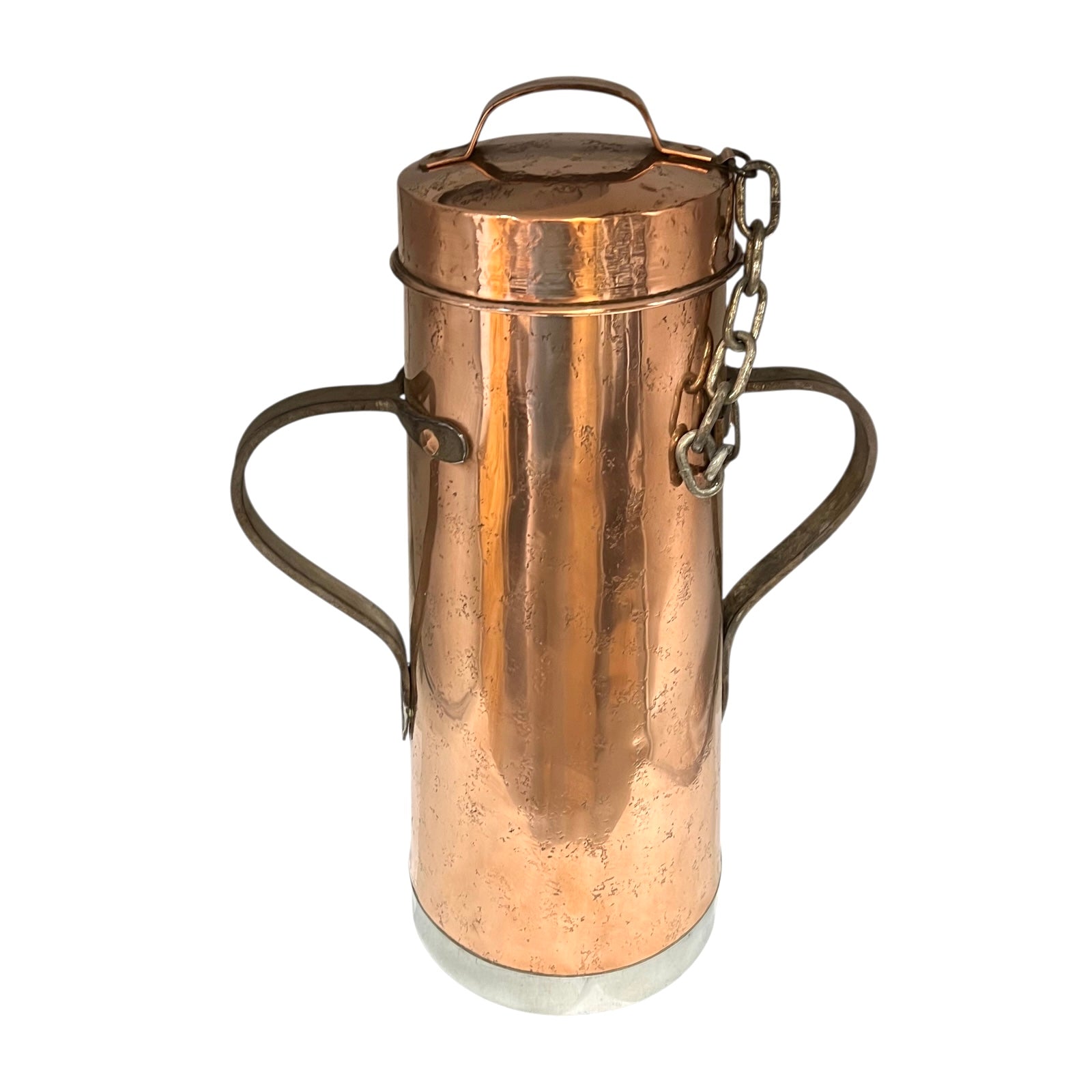 Vintage French copper milk churn with iron handles and copper lid on a white background