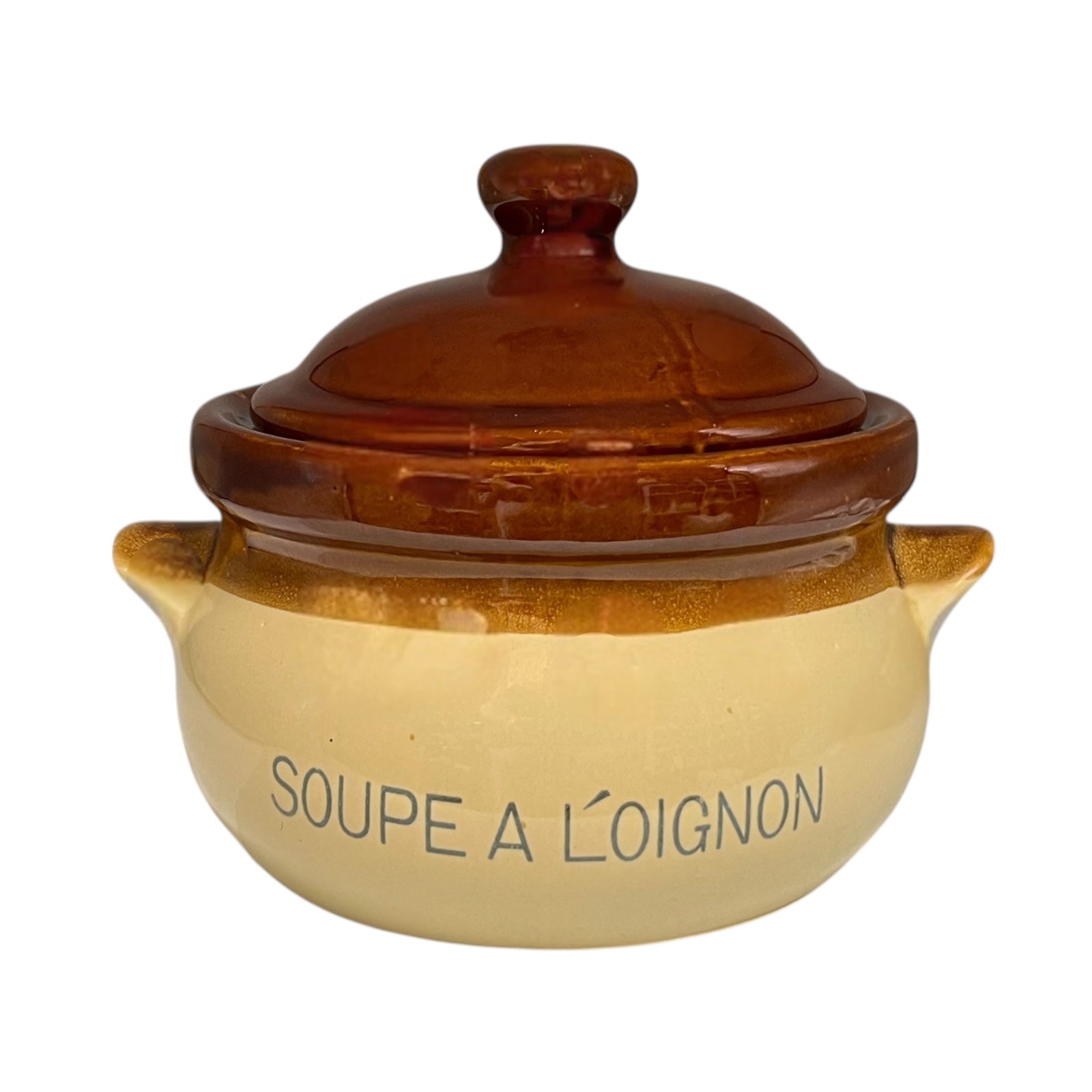 Ceramic pot with brown lid labeled 'Soupe A L'Oignon' on a white background