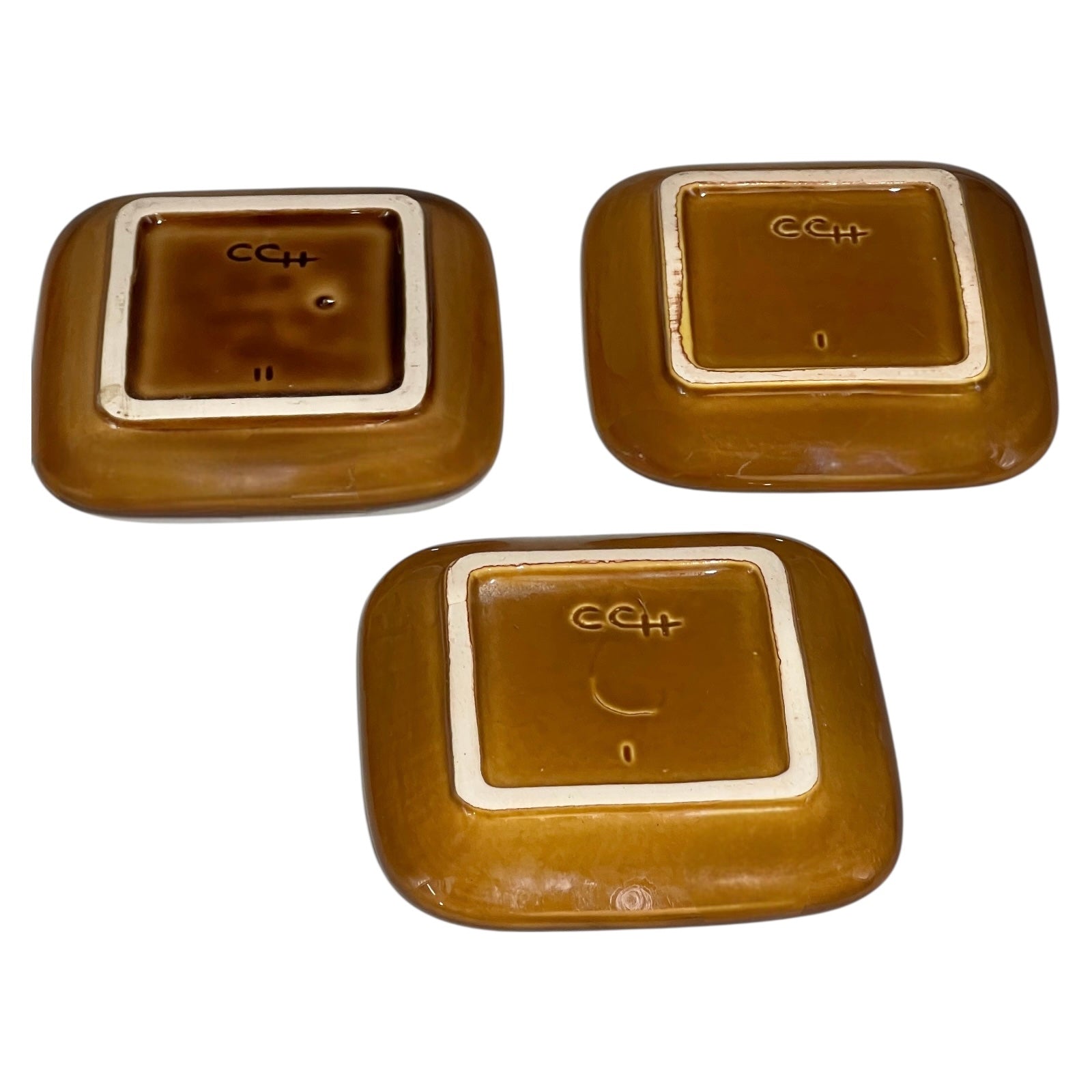 back image of 3 Small brown ceramic Change Trays from a French Bakery with Le Bon de France and a picture of French bread for sale from All Things French Store