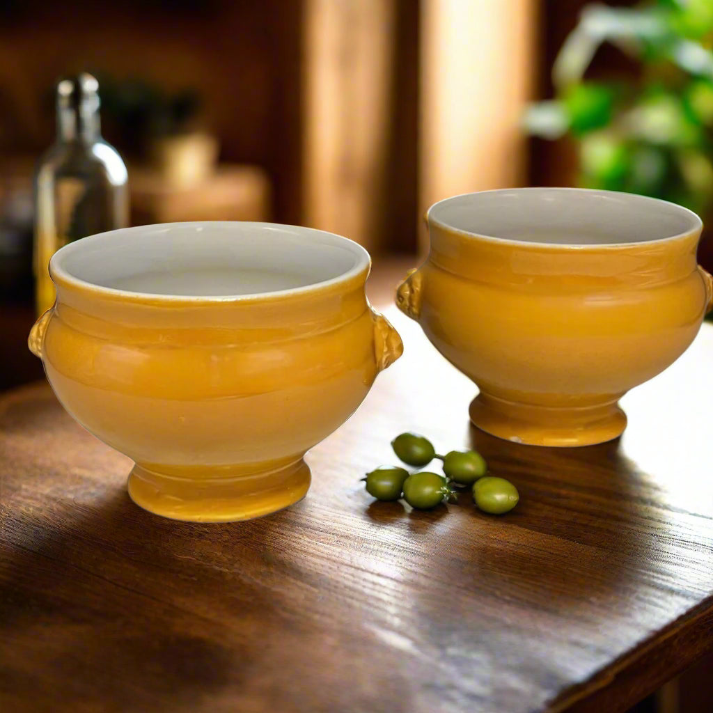 French Lions Head Handle Bowls, Pair of  Bowls, yellow with white inner