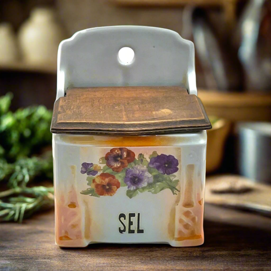 Vintage Salt Cellar, Traditional Ceramic Sel Pot, Salt Pig Wooden Lid
