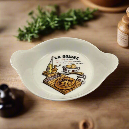 small French individual portion quiche dish with recipe in base