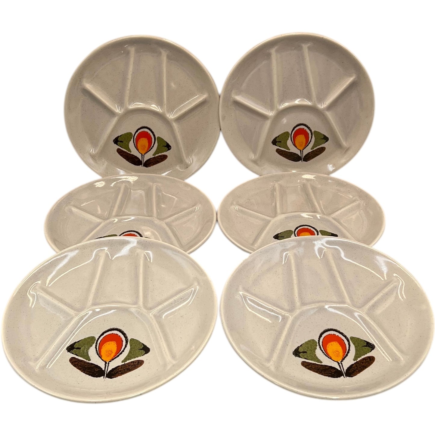 set of 6 Fondue Plates, Retro Mid Century Divided Plate Set, Faience Pottery flower design
