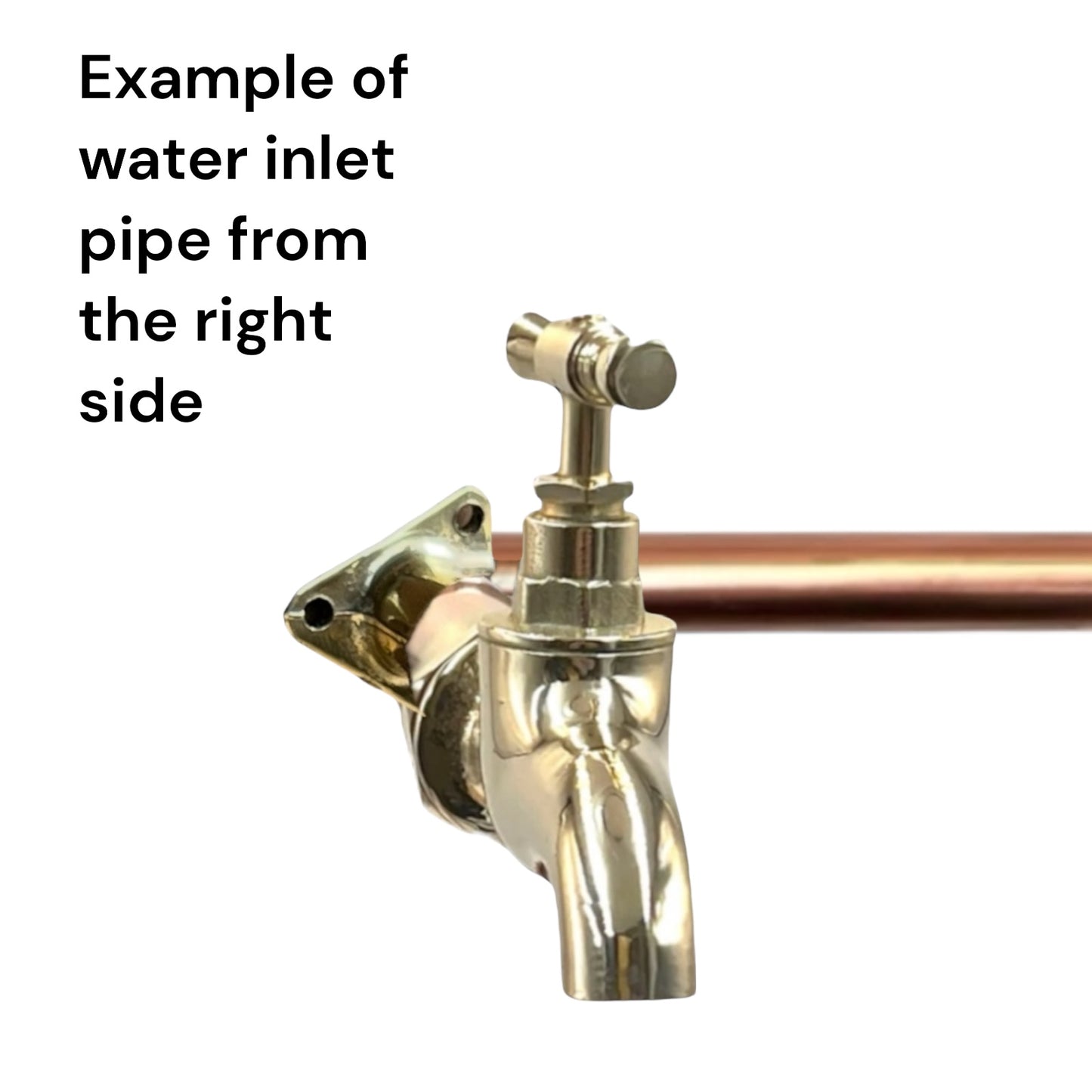 Brass tap head with a copper water inlet pipe from the right side on a white background