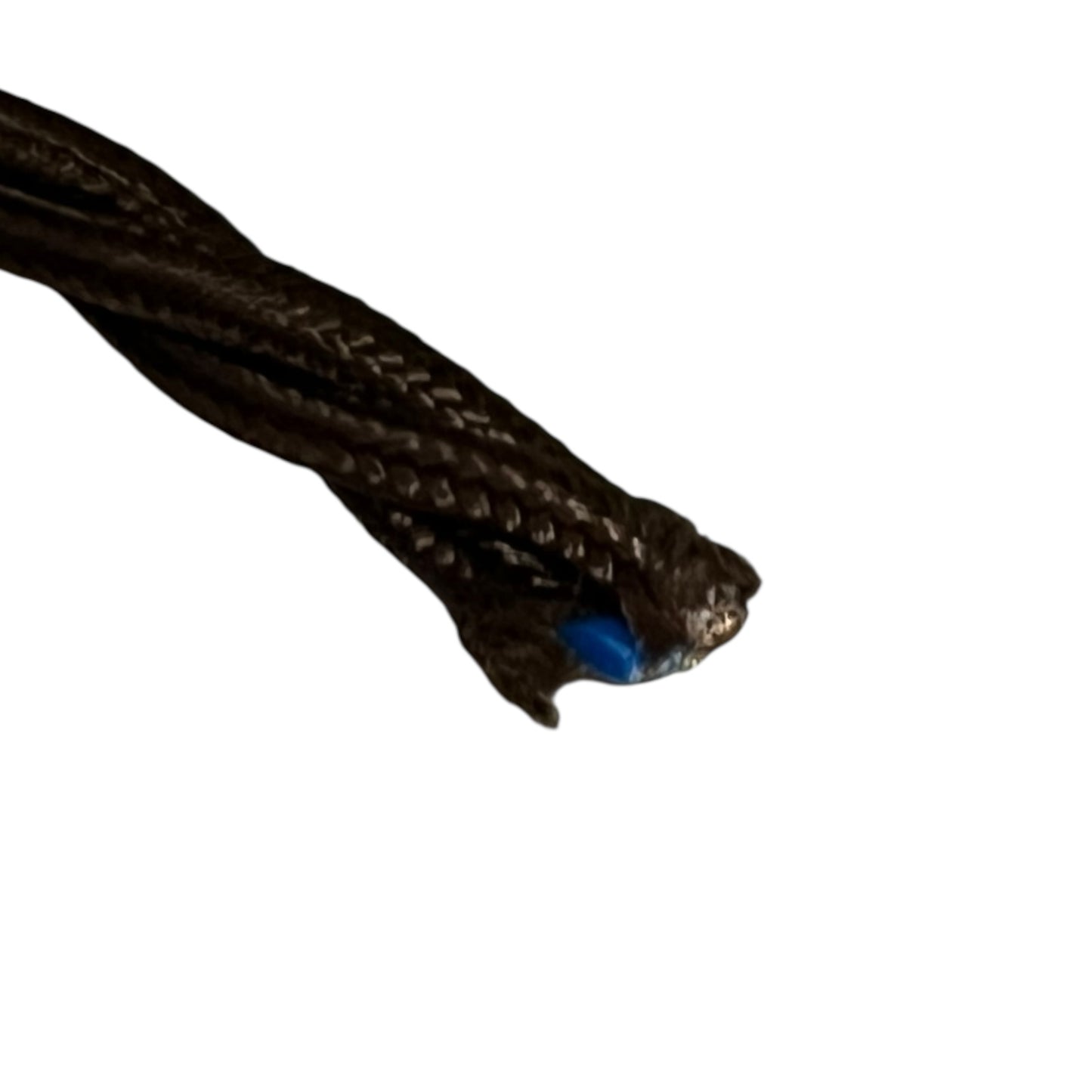 Close-up of a black cable with a blue connector on a white background