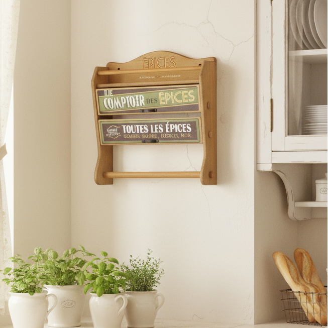 Kitchen interior with a spice rack, plants, and a window.