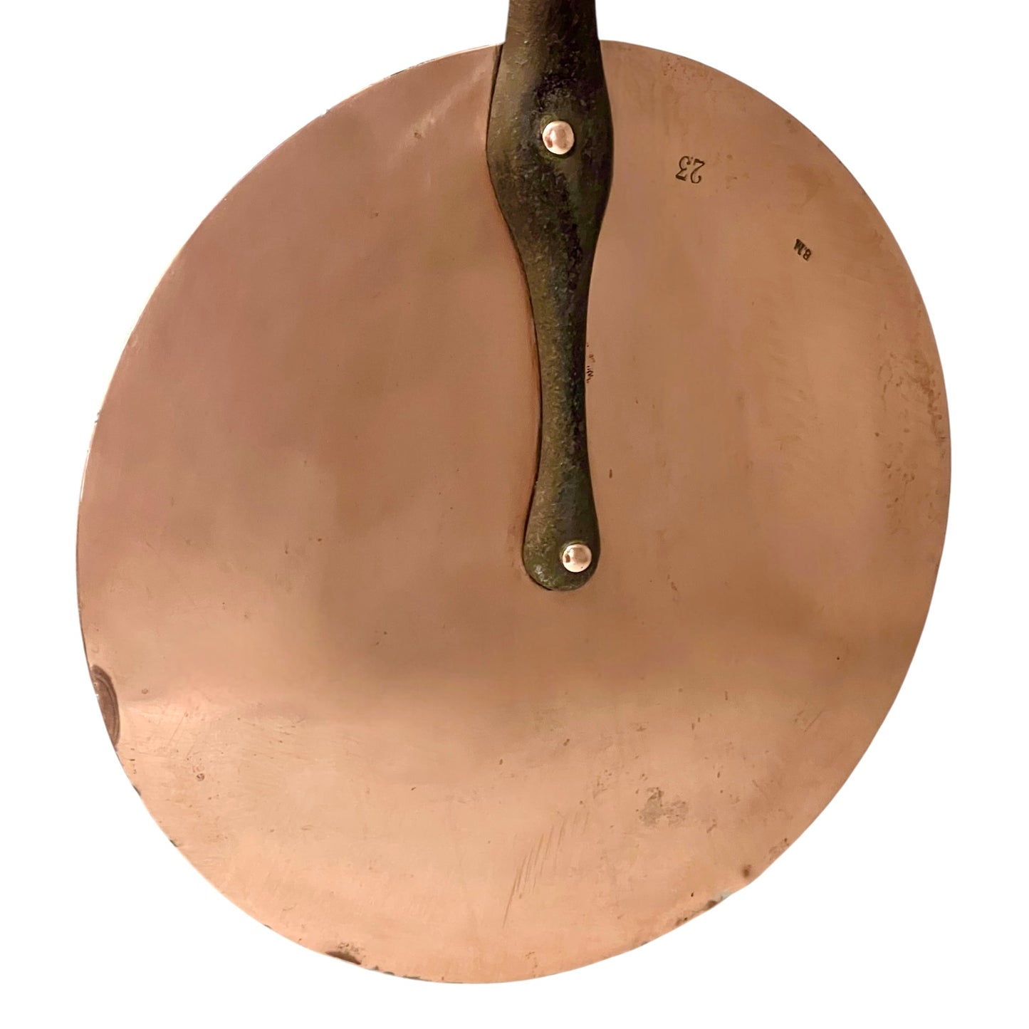 Authentic vintage French copper pan lid with cast iron handle and new tin lining on a white background