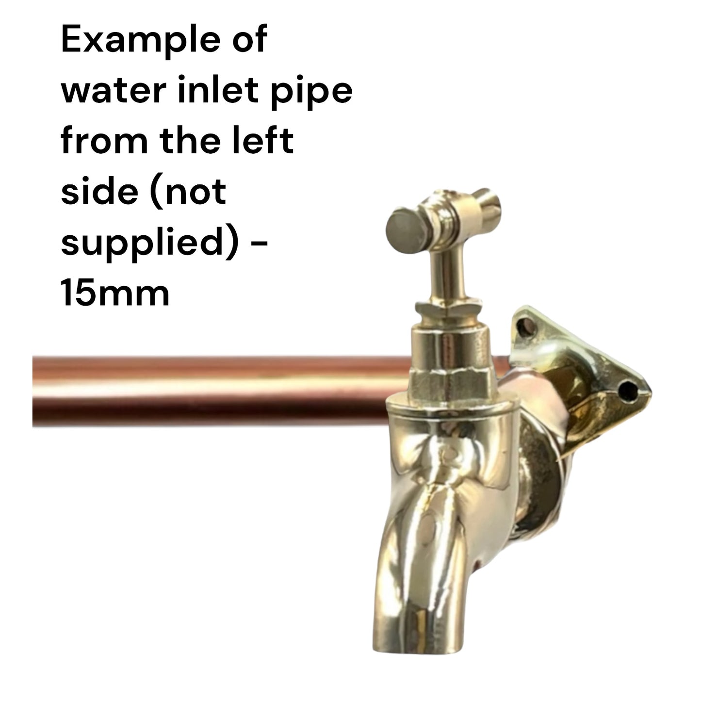 Brass tap head with a copper water inlet pipe from the right side on a white background