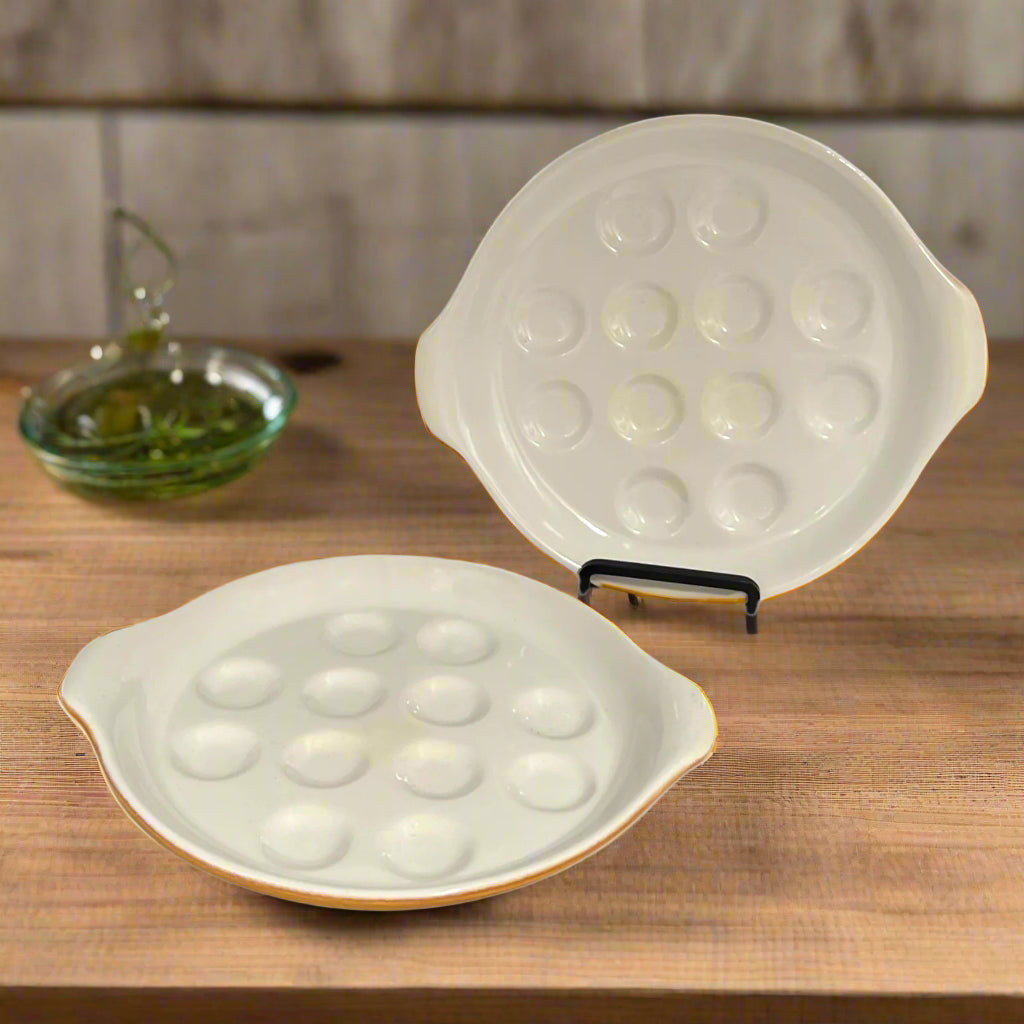 Pair of French Rustic Ceramic Escargot Dishes, Vintage Snail Pots Plates