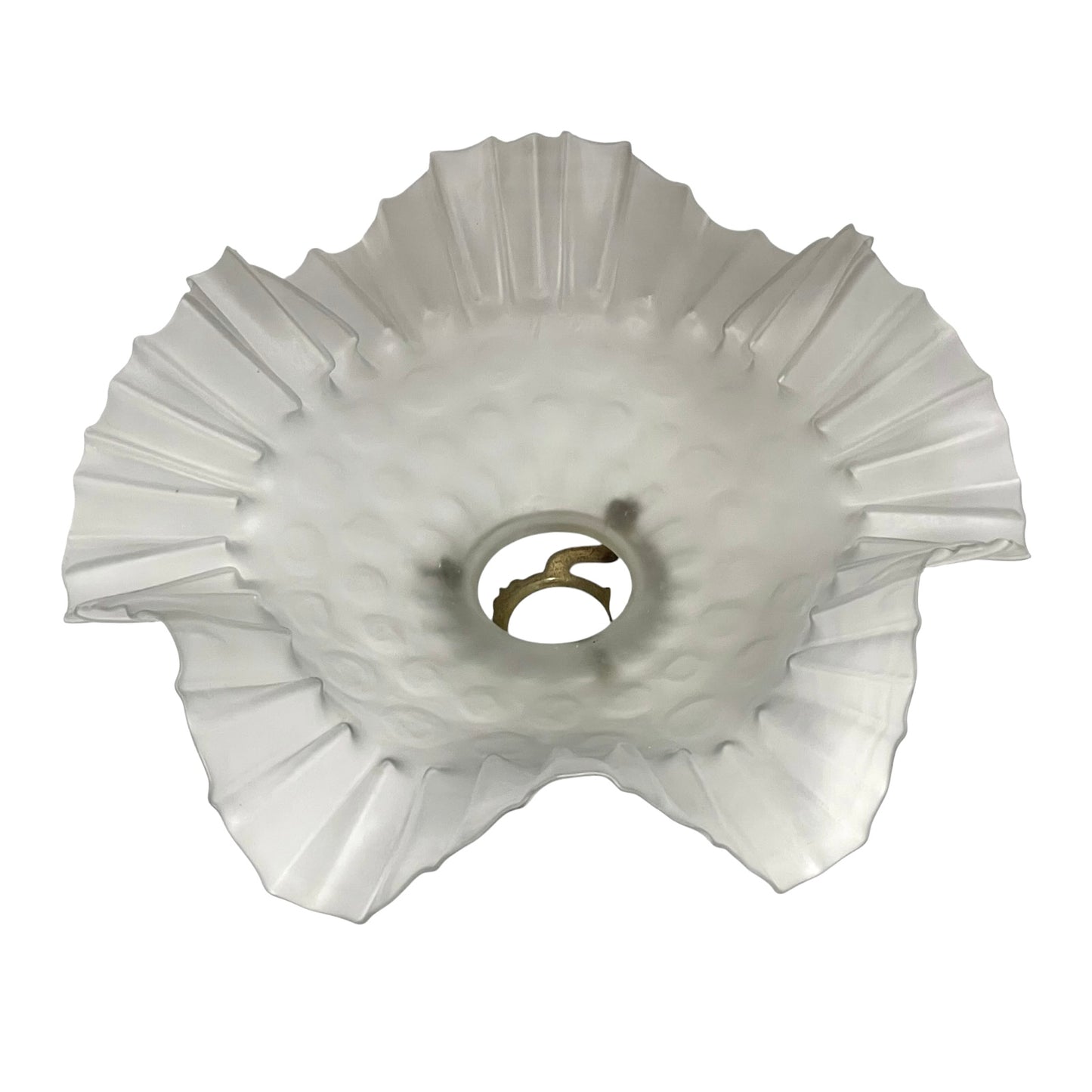 inside view of a French vintage frosted glass lampshade with a frilled scalloped style edge on a white background
