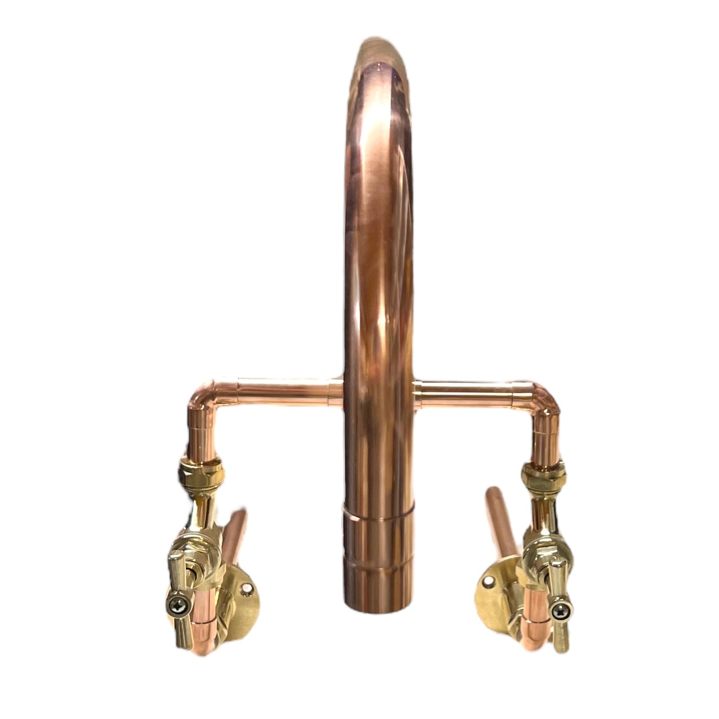 Copper and Brass Handmade Kitchen Mixer Taps, Belfast Sink Taps - Wall Mounted option for sale front view