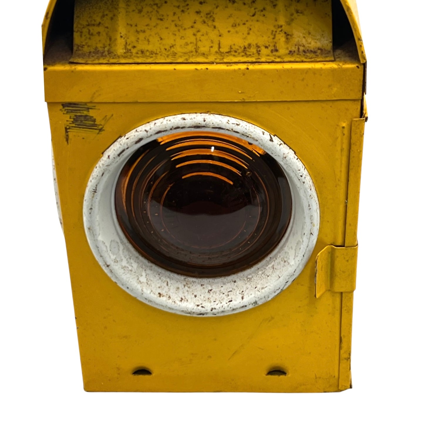 Close up of yellow vintage railway or railroad lamp with a hook on a white background