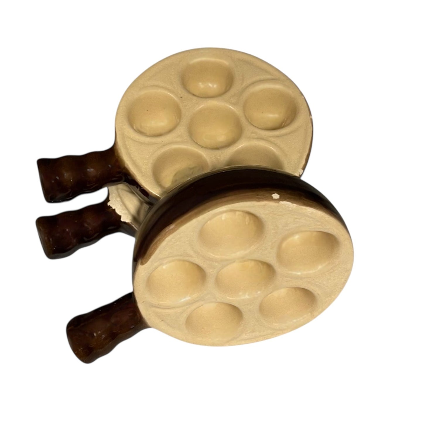 3 French Rustic Emile Henry Escargot Dishes, Vintage Snail Plates in brown and beige for sale from All Things French Store