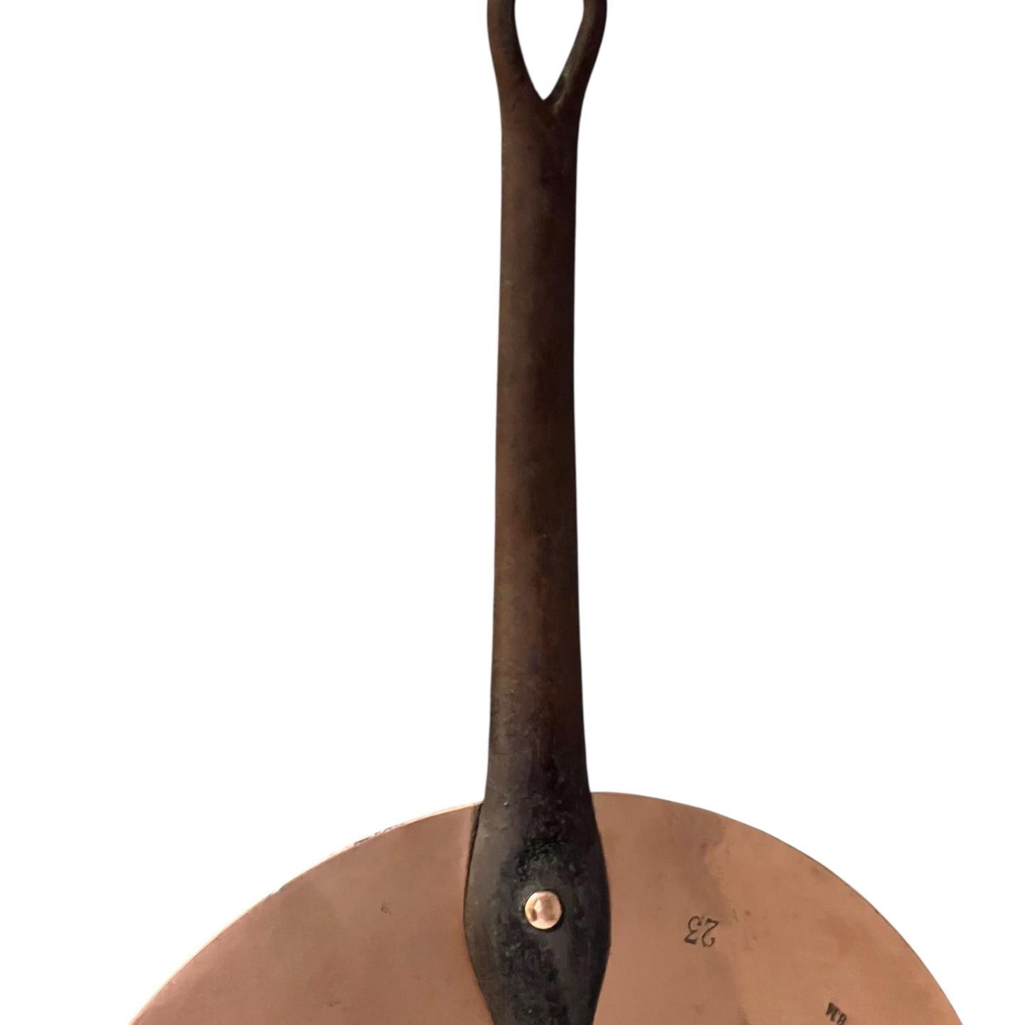 Authentic vintage French copper pan lid with cast iron handle and new tin lining on a white background