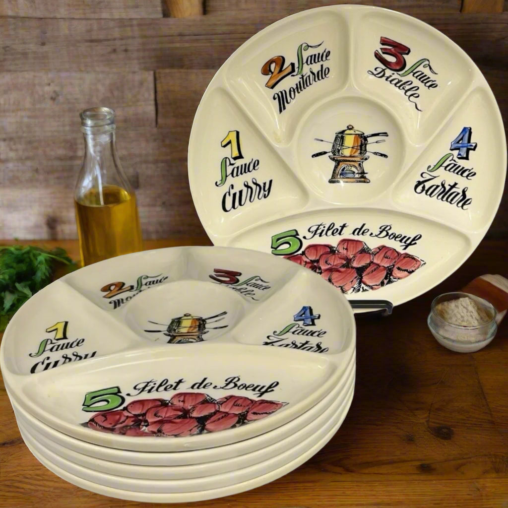 Vintage Gien Plate Set, 6 Piece French Fondue Plates, Divided Sections