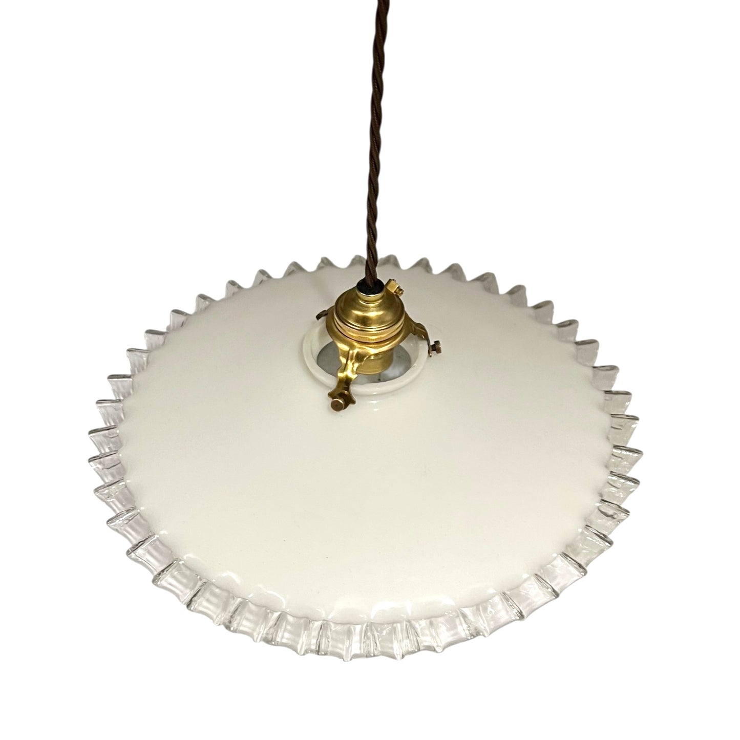 Vintage-style pendant light with white glass shade and brass fitting on a white background