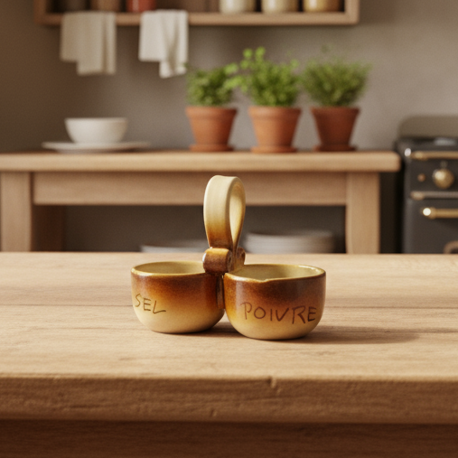 Wooden table with a salt and pepper pinch pot in a kitchen setting.