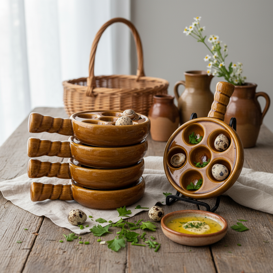 A set of five vintage French escargot plates (with handles) arranged on a weathered farmhouse table bathed in soft, diffused natural light. Place one or two escargot shells, or quail eggs, in a few of the wells, with fresh herbs (parsley or chives) and a small dish of butter or sauce nearby. Use a linen or cotton runner in off-white or natural tones. In the background, softly blurred elements include a wicker basket, ceramic jugs, and perhaps a sprig of wildflowers. Light filters through a window, casting g
