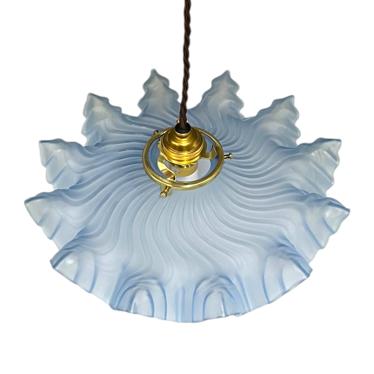 Vintage-style pendant light with blue glass shade, brown twisted wiring and gold metal fitting on a white background