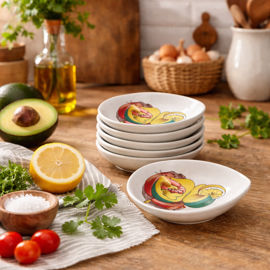 Set of white bowls with fruit design on a wooden table with vegetables and kitchen items.