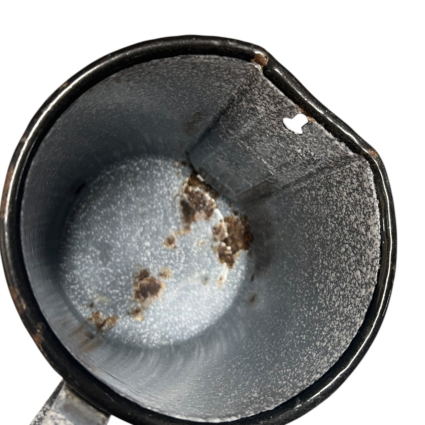 inside view of vintage French grey and white speckled irrigator with a spout and a handle on a white background
