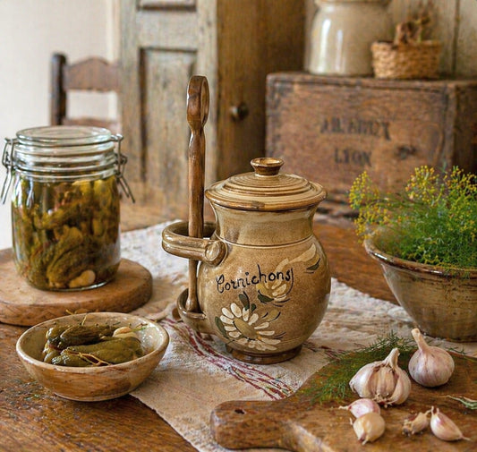 French ceramic stoneware brown and beige pickle jar with the French word Cornichons written on the front with a floral pattern. A side cut out holds a pair of wooden pickle tongs. It has a lid with a handle and is in a farmhouse French kitchen style, set on a table with pickles, a plant and a rustic setting