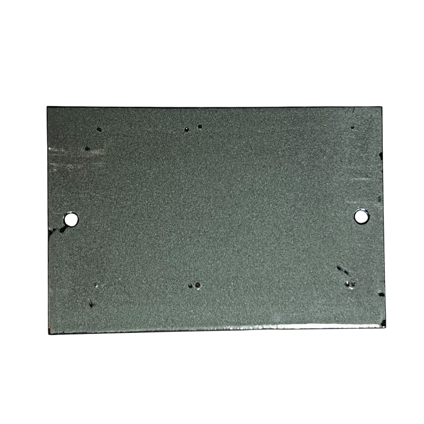 A rectangular dark gray metal plate with two pre-drilled holes, one on each side, shown against a plain white background.