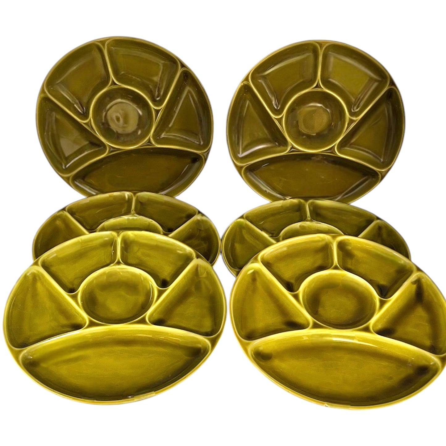set 6 green Fondue Plates, Retro Mid Century Divided Plate Set, BBQ, Portion Plates