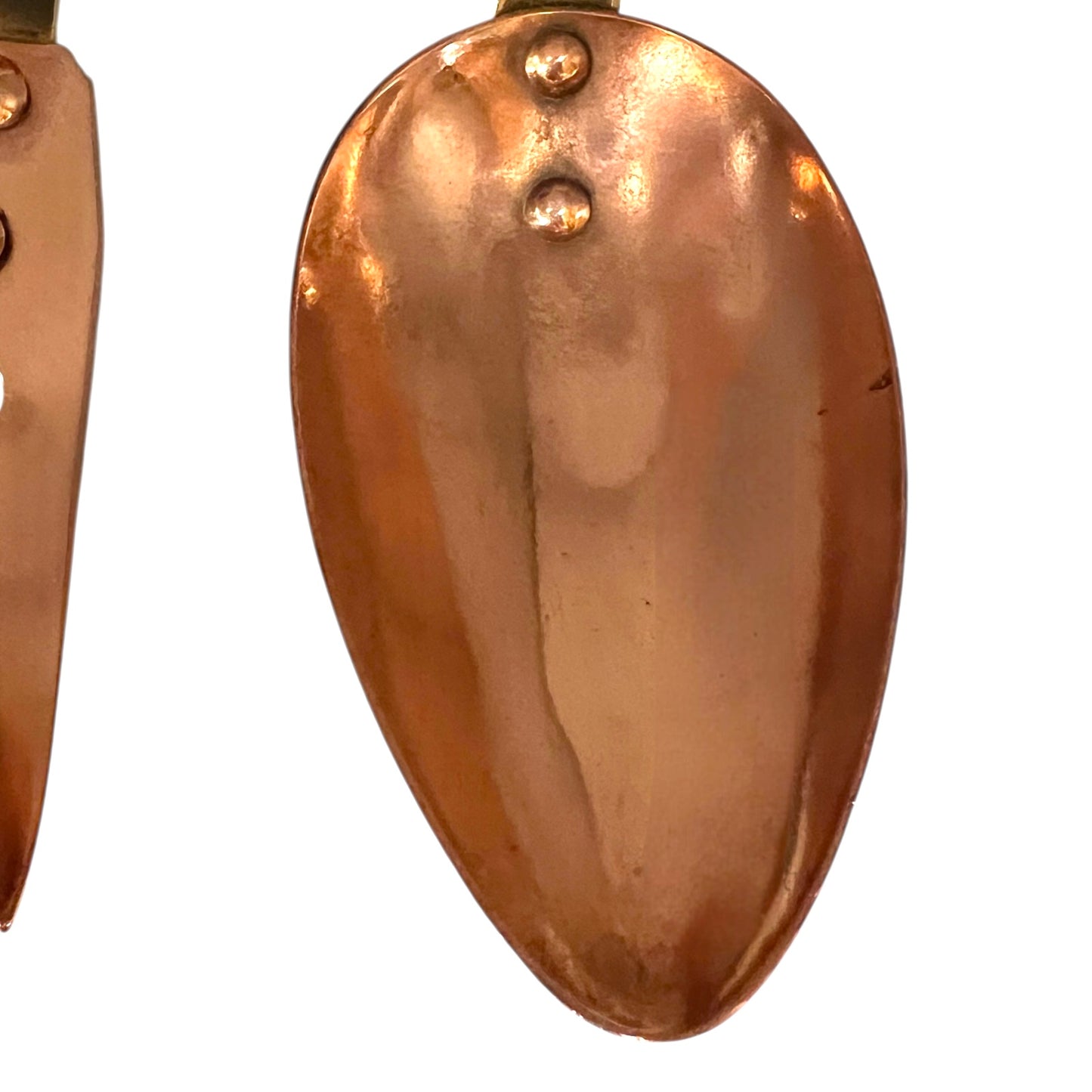 2 copper and brass French utensils with long handles, a fork and a spoon