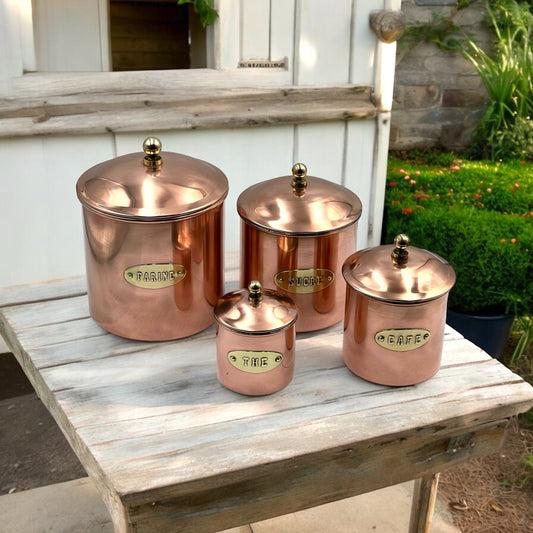 Set of 4 French copper kitchen canisters storage tins