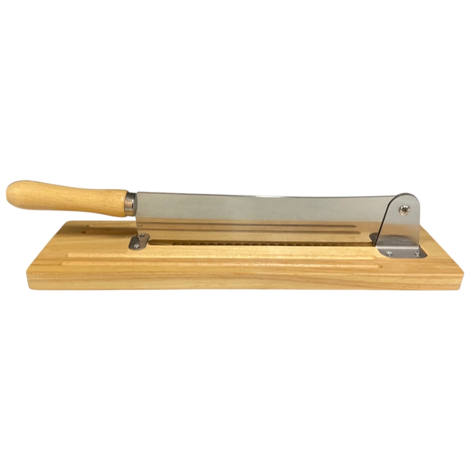 Manual bread cutter with wooden handle on a white background