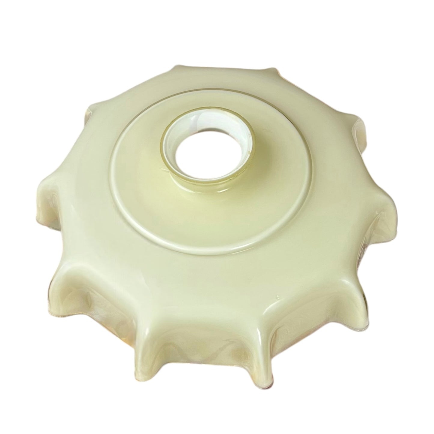 Vintage French milk glass pendant light with scalloped edge shade on a white background