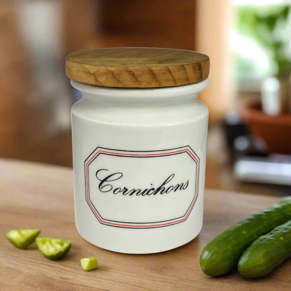 Rustic Cornichons Pot, Herrandiz Spanish Porcelain Vintage Gherkin Jar for sale from All Things French Store