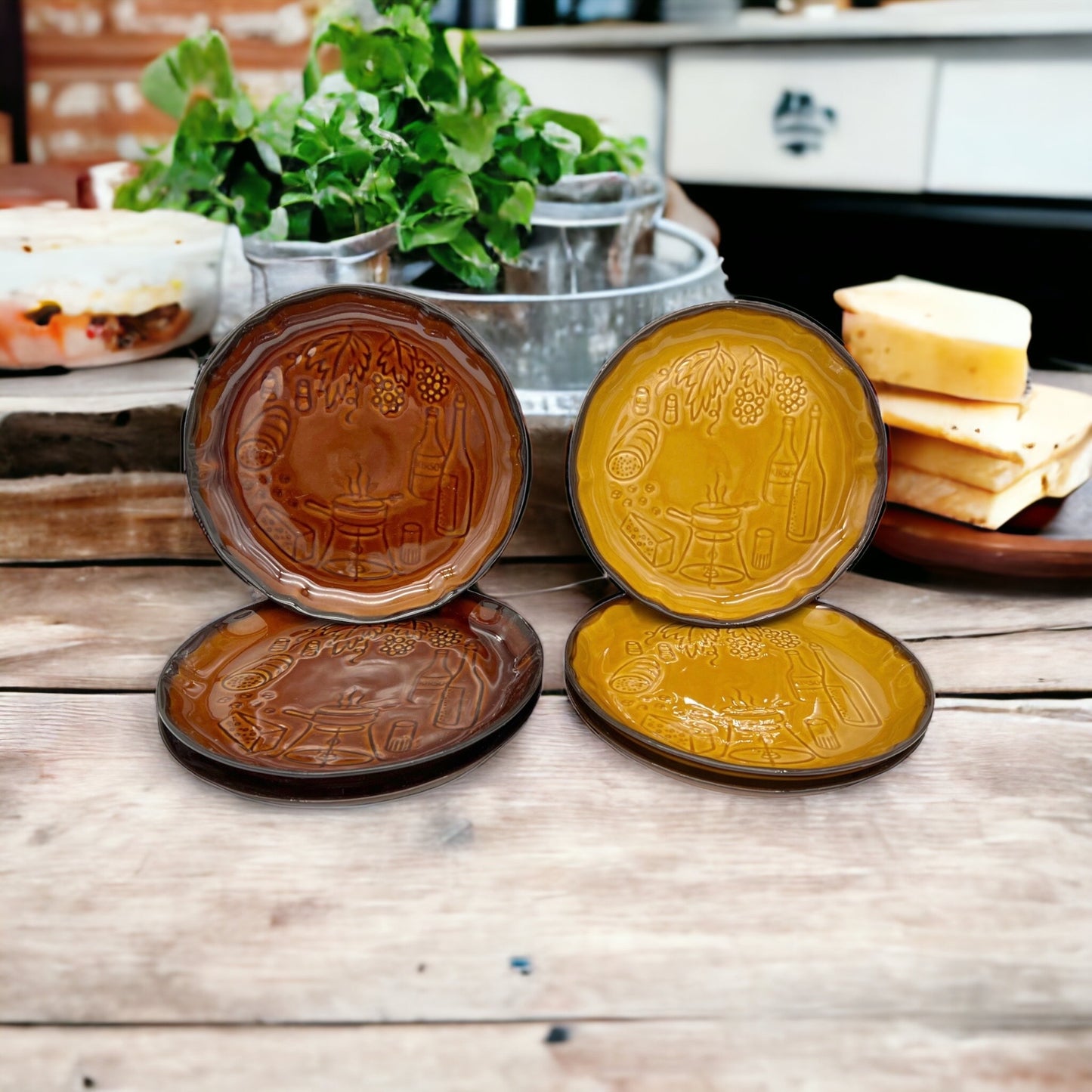 image set of 6 mid century cheese plates on a wooden table in a rustic kitchen
