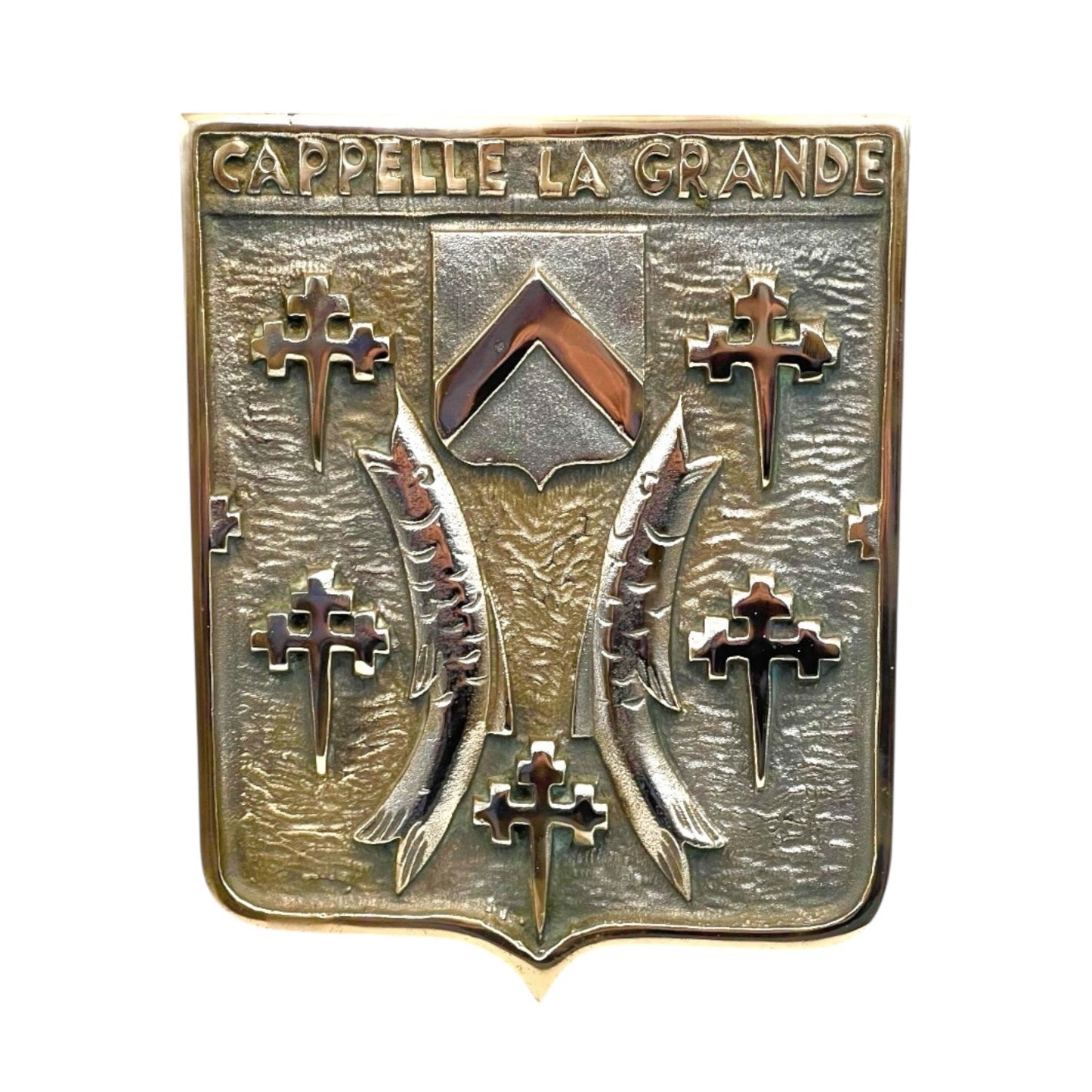 French Solid Brass Town Plaque, Coats of Arms Shield, Cappelle La Grande 3kg+