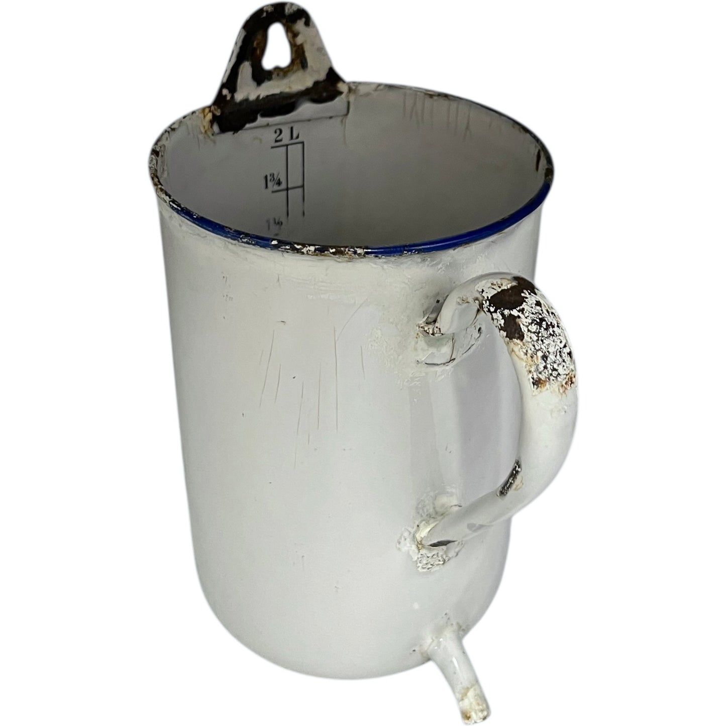 French vintage enamel irrigator in white with a blue trim in a well worn condition for sale from All Things French Store