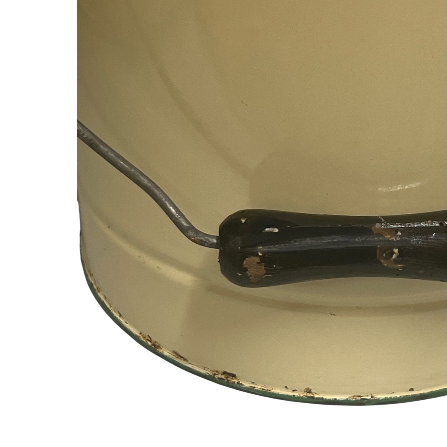 Close up of French vintage cream and green enamel bucket with a lid and handle on a white background